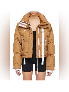 Womens Tan Puffer Jacket with Contrast Straps